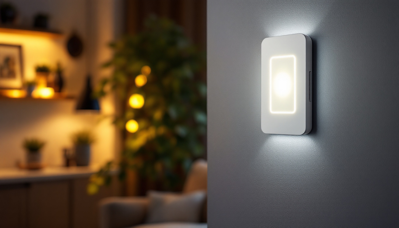 A photograph of a modern smart light switch installed in a stylish home setting