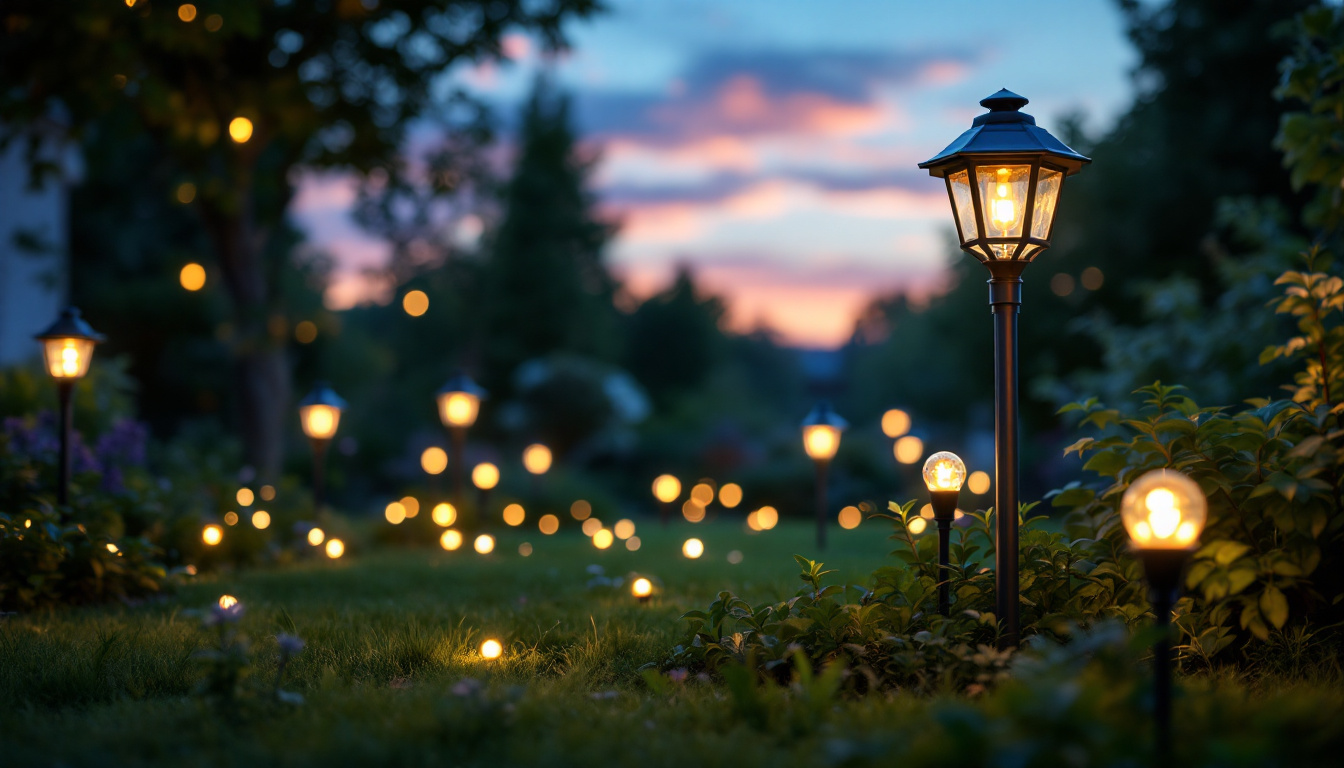 A photograph of a beautifully illuminated garden scene at dusk