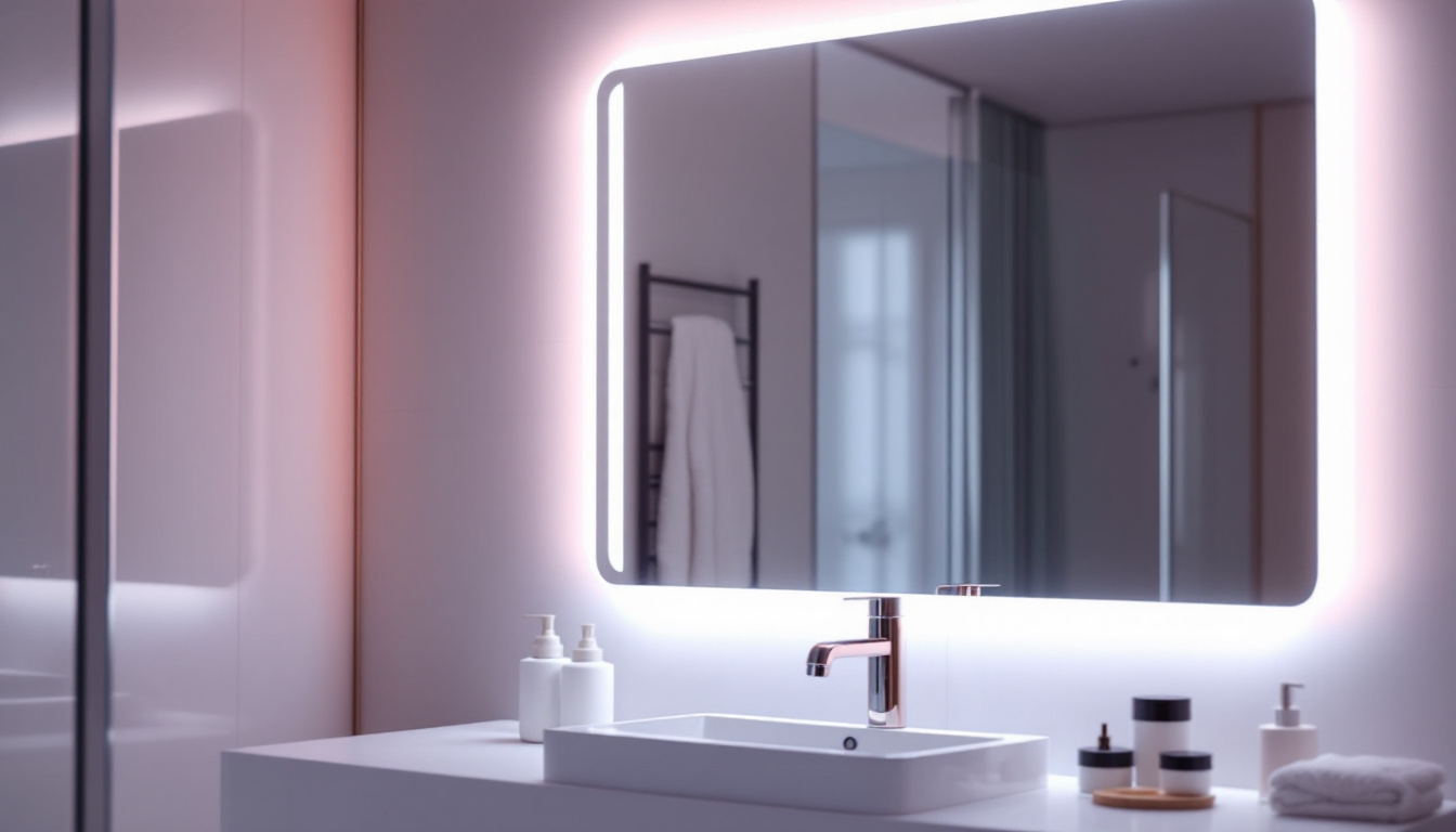 A photograph of a beautifully illuminated led mirror in a stylish bathroom setting