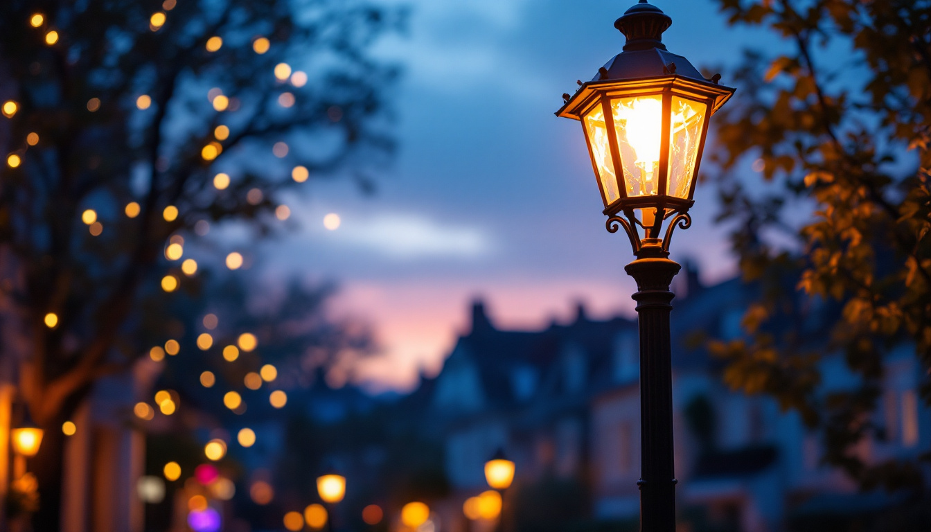 A photograph of a beautifully illuminated lamp post in a charming urban setting during twilight