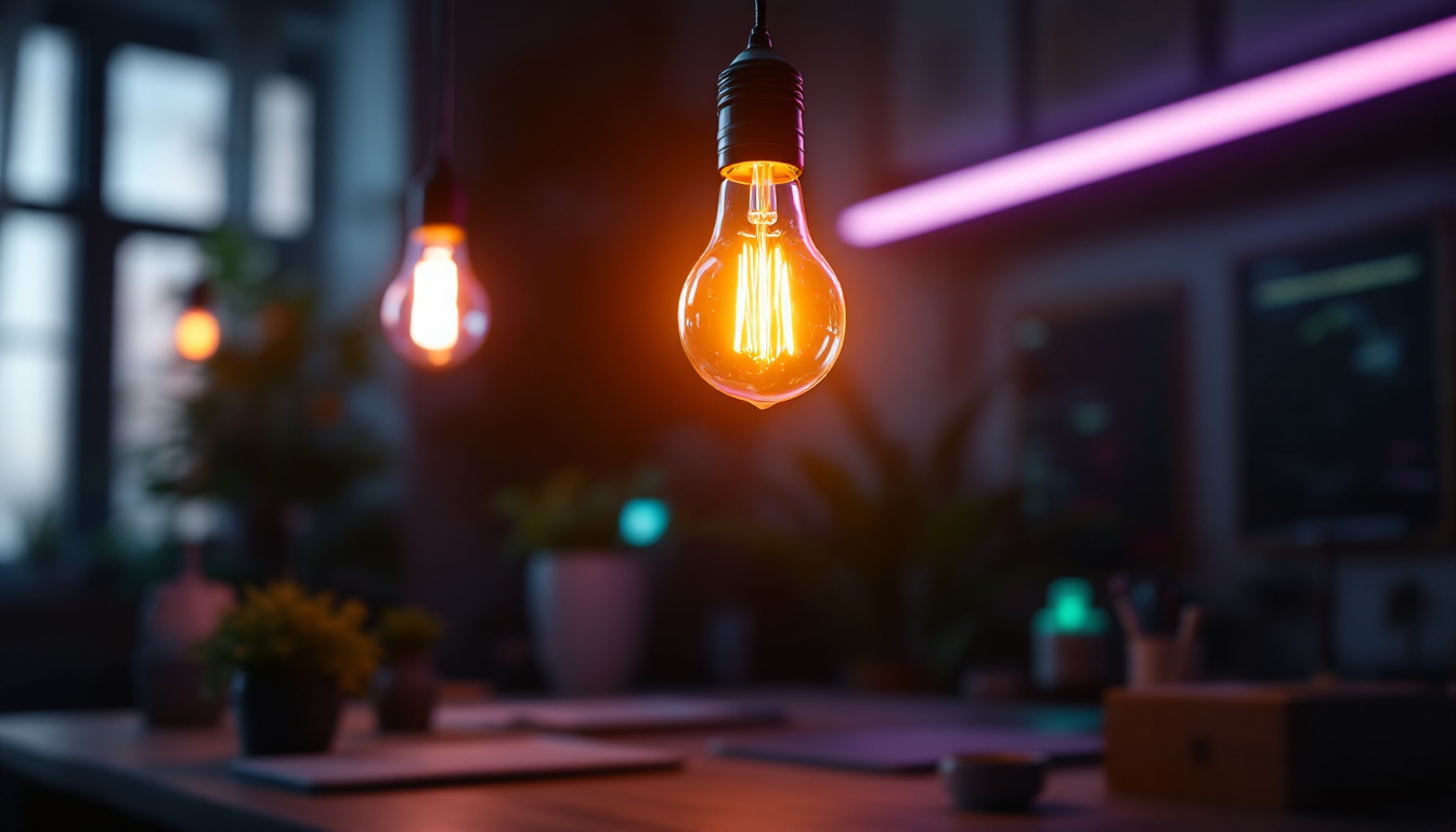 A photograph of a vibrant fluorescent light bulb illuminating a modern workspace