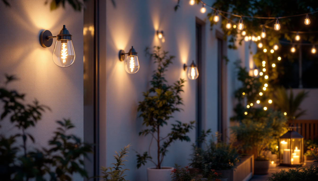 A photograph of capture a photograph of a beautifully illuminated outdoor space featuring various stylish lighting fixtures