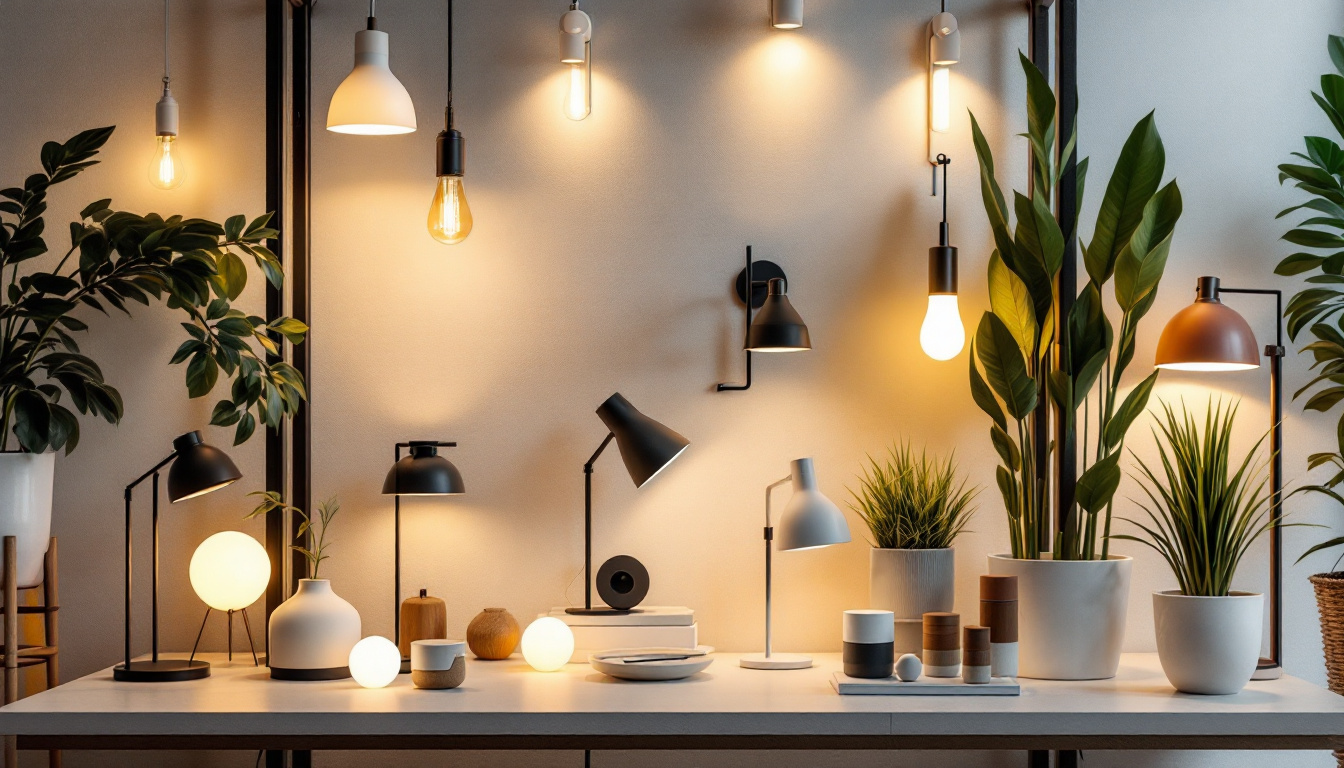 A photograph of a stylishly arranged display of various satco lighting products