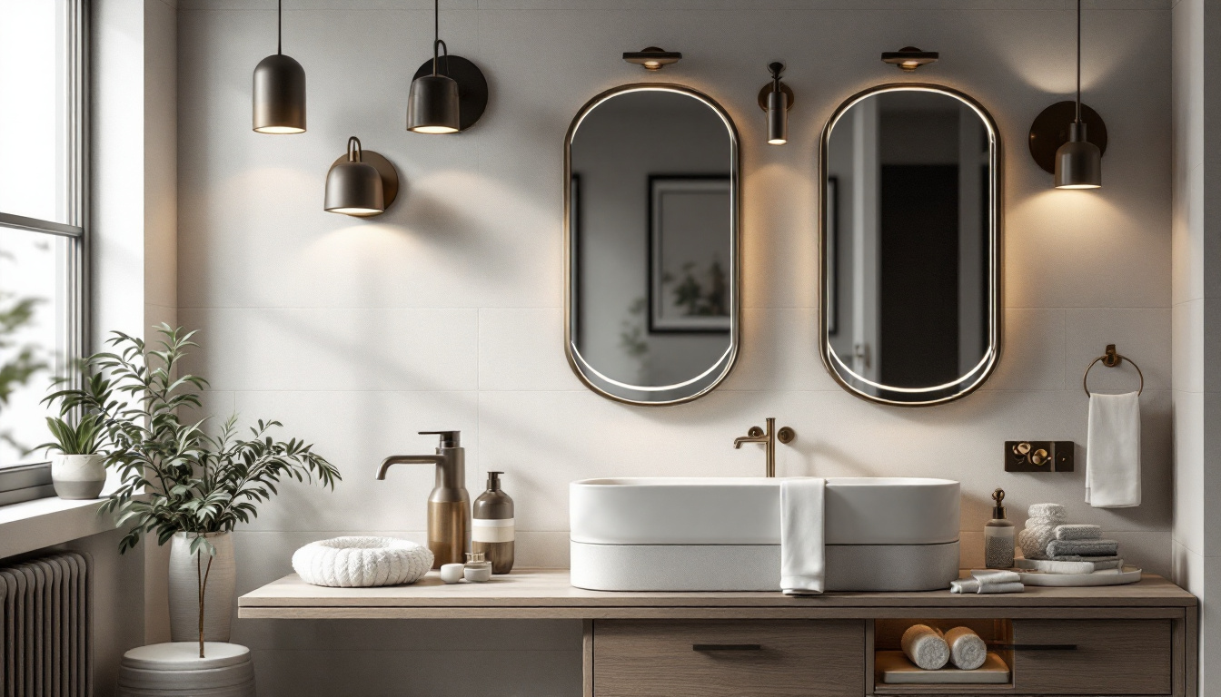 A photograph of a stylish bathroom featuring a variety of elegant vanity light fixtures