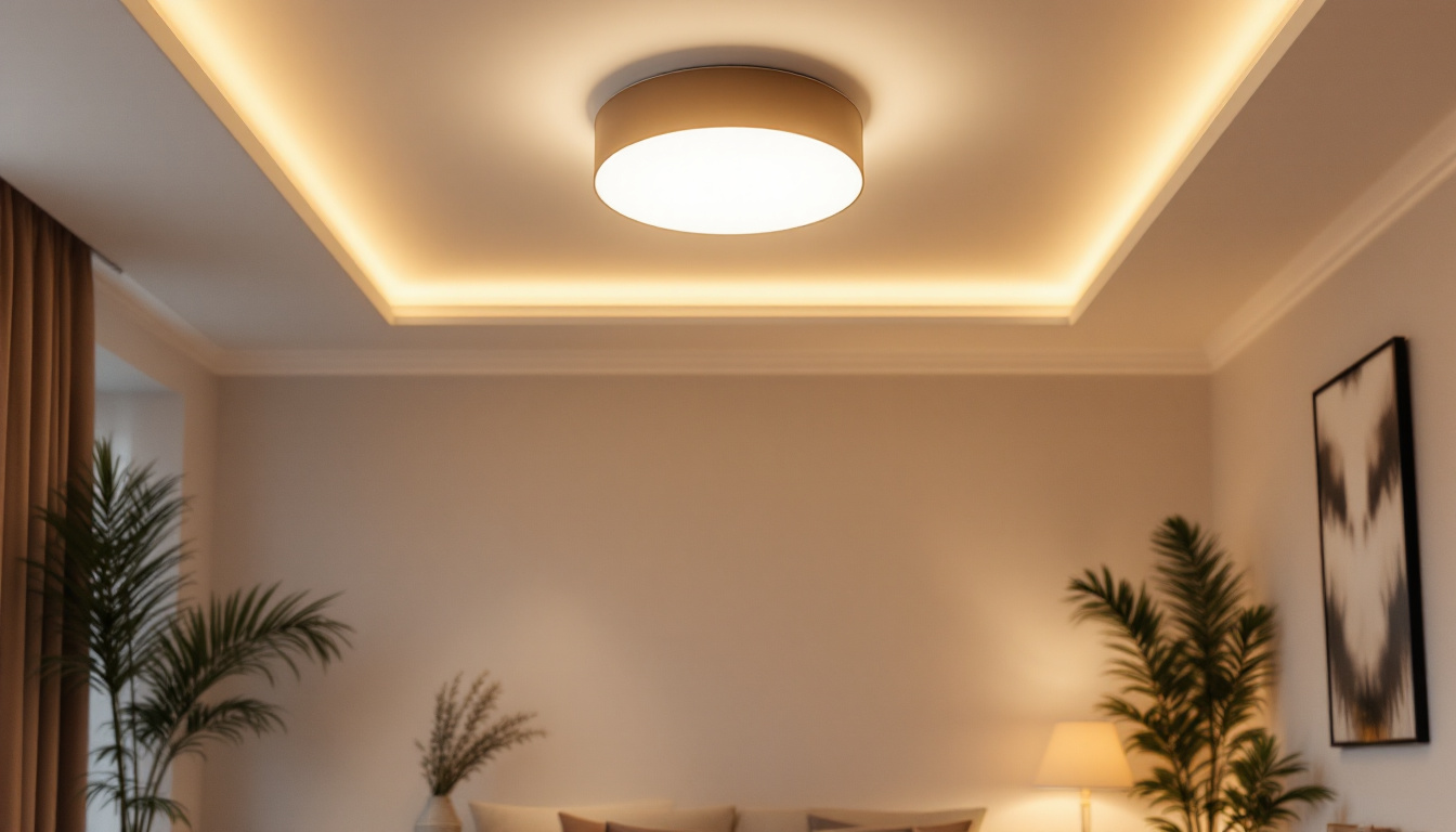 A photograph of a stylish flush mount ceiling light in a beautifully designed room