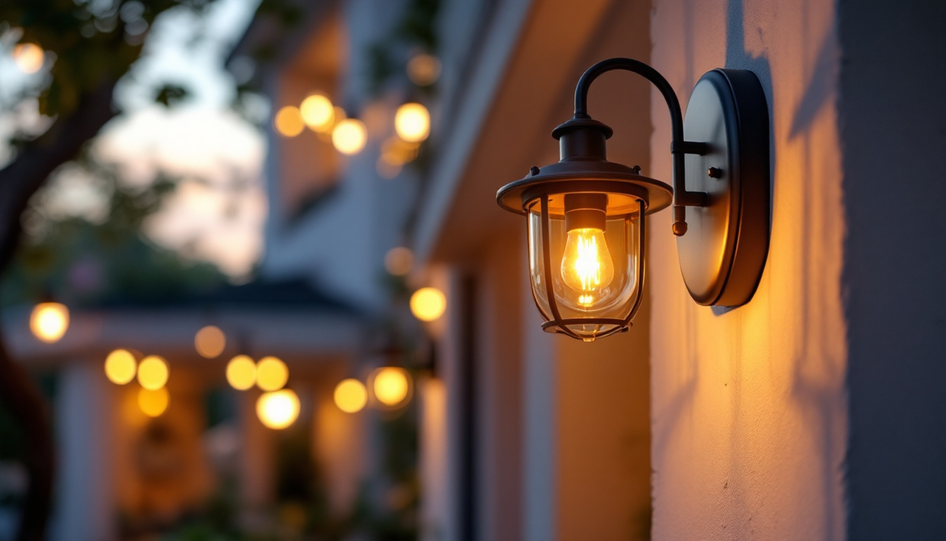 A photograph of capture a photograph of a beautifully designed exterior light fixture installed in an inviting outdoor setting