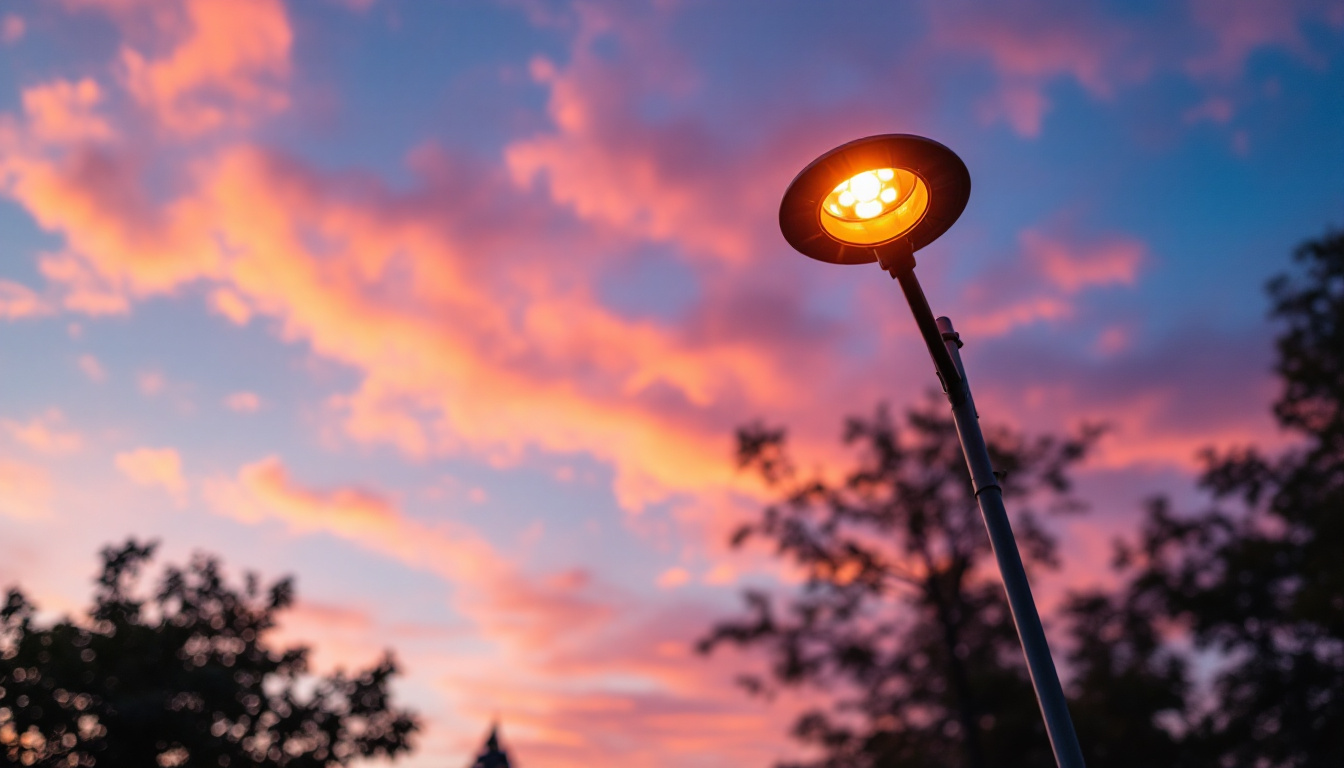 A photograph of a beautifully illuminated light pole at dusk