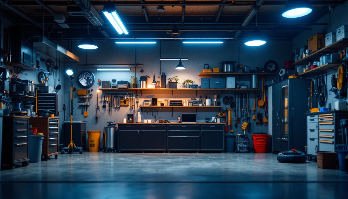 A photograph of a well-lit garage showcasing various types of lighting fixtures