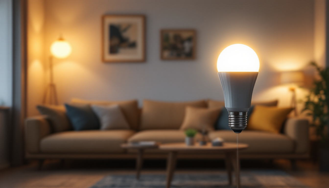 A photograph of a vibrant led light bulb illuminating a modern
