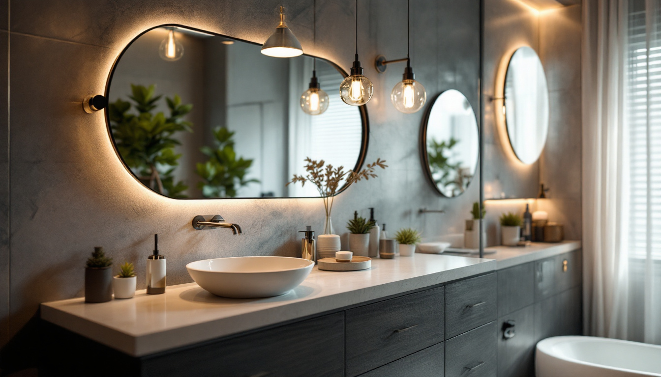 A photograph of a beautifully designed bathroom featuring a variety of stylish lighting fixtures