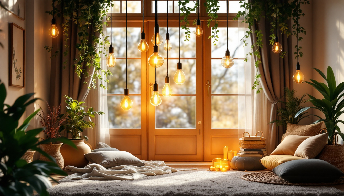 A photograph of a beautifully arranged scene featuring various styles of hanging lights in a cozy