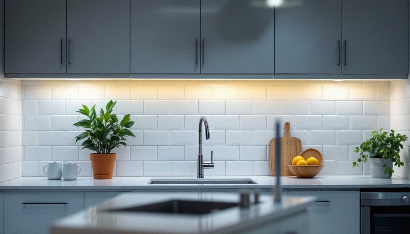 A photograph of a beautifully designed kitchen featuring under cabinet lights illuminating the countertop