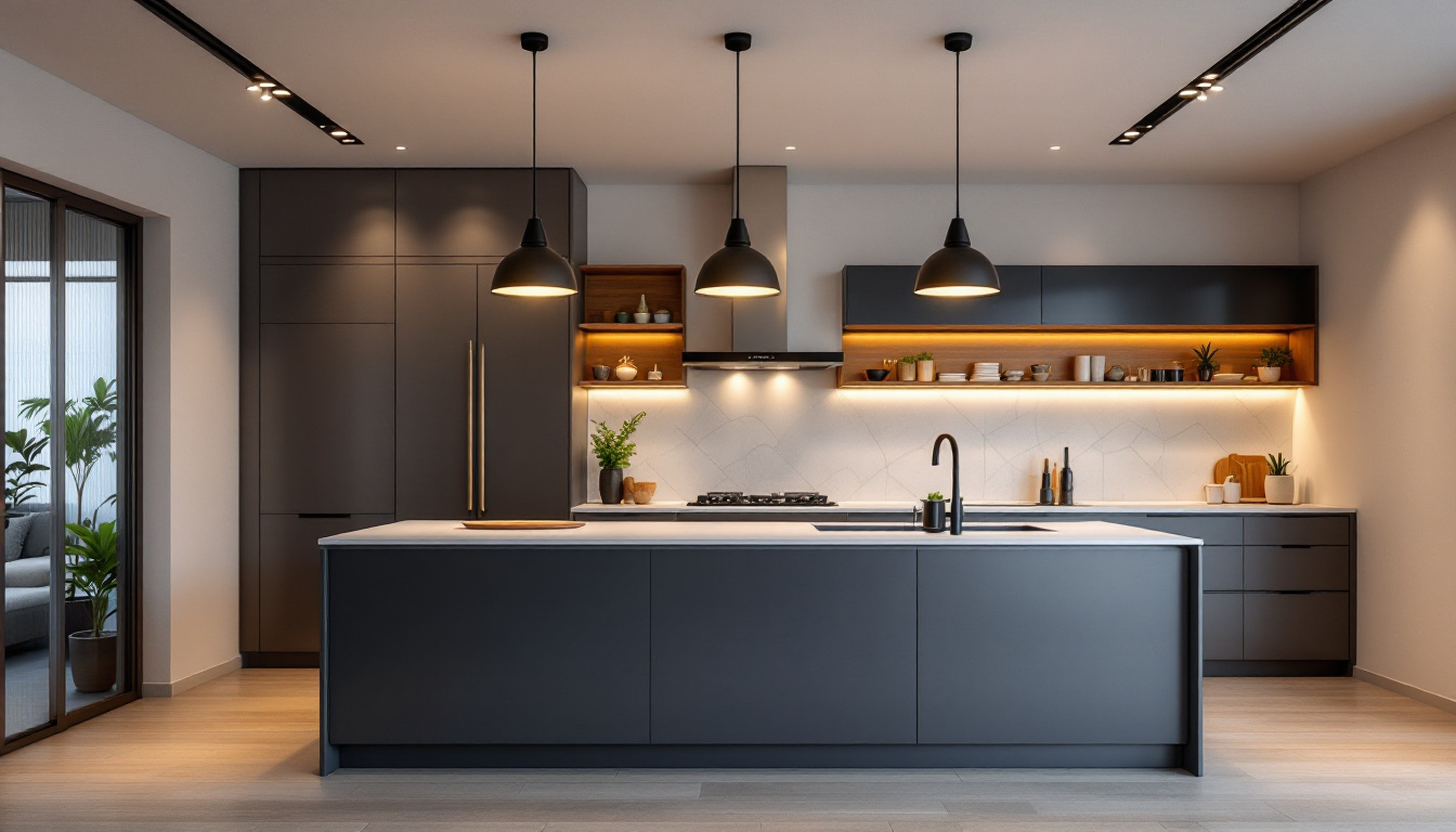 A photograph of a stylish kitchen island illuminated by a combination of pendant lights and recessed lighting