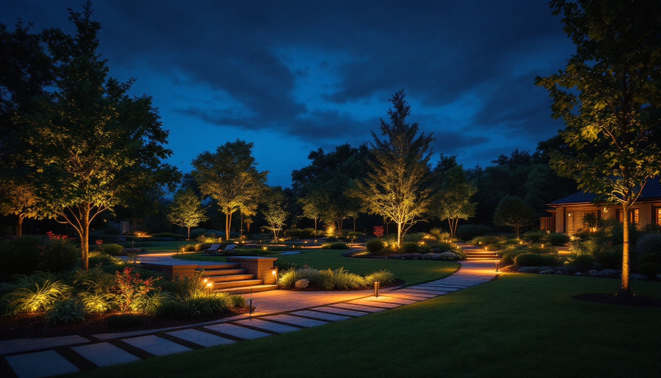 A photograph of a beautifully illuminated outdoor landscape at dusk