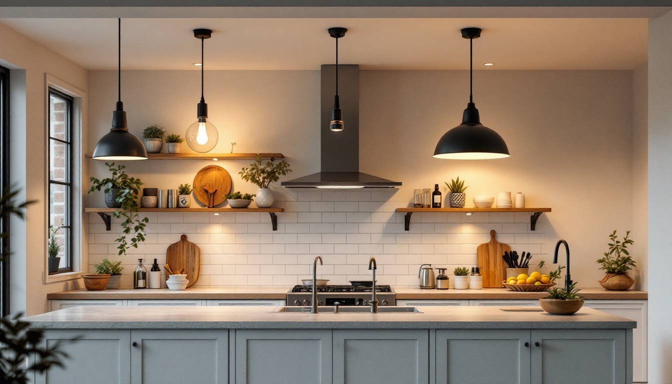 A photograph of a beautifully designed kitchen showcasing various ceiling light fixtures