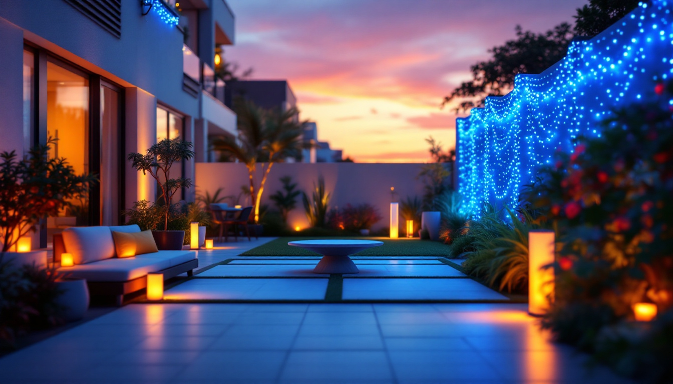 A photograph of a beautifully illuminated outdoor space featuring various styles of led lights