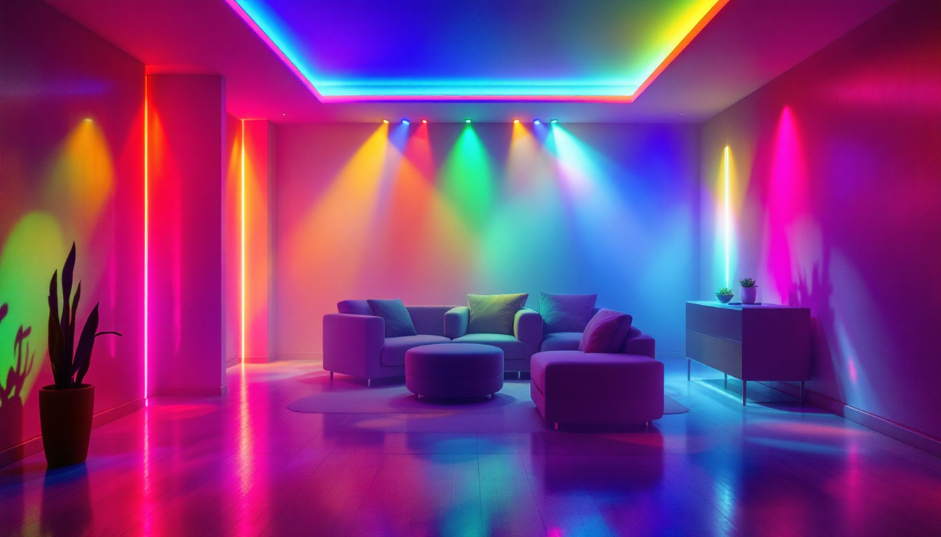 A photograph of a vibrant room illuminated by rgb lights