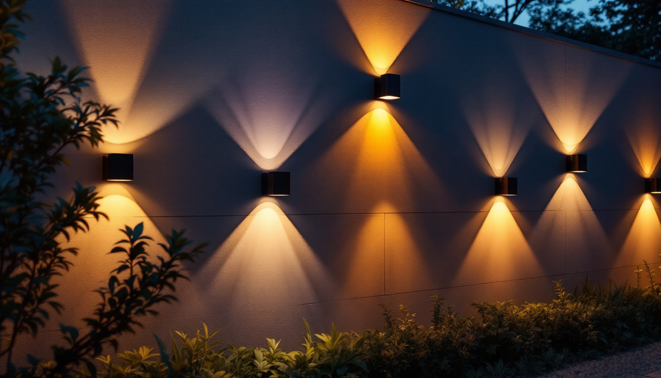 A photograph of a beautifully lit outdoor wall featuring various styles of wall lighting fixtures