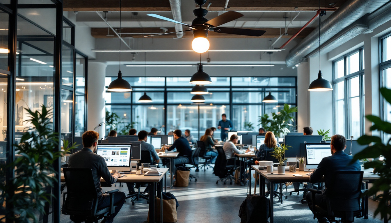 A photograph of a modern office space featuring a stylish ceiling fan with a light kit