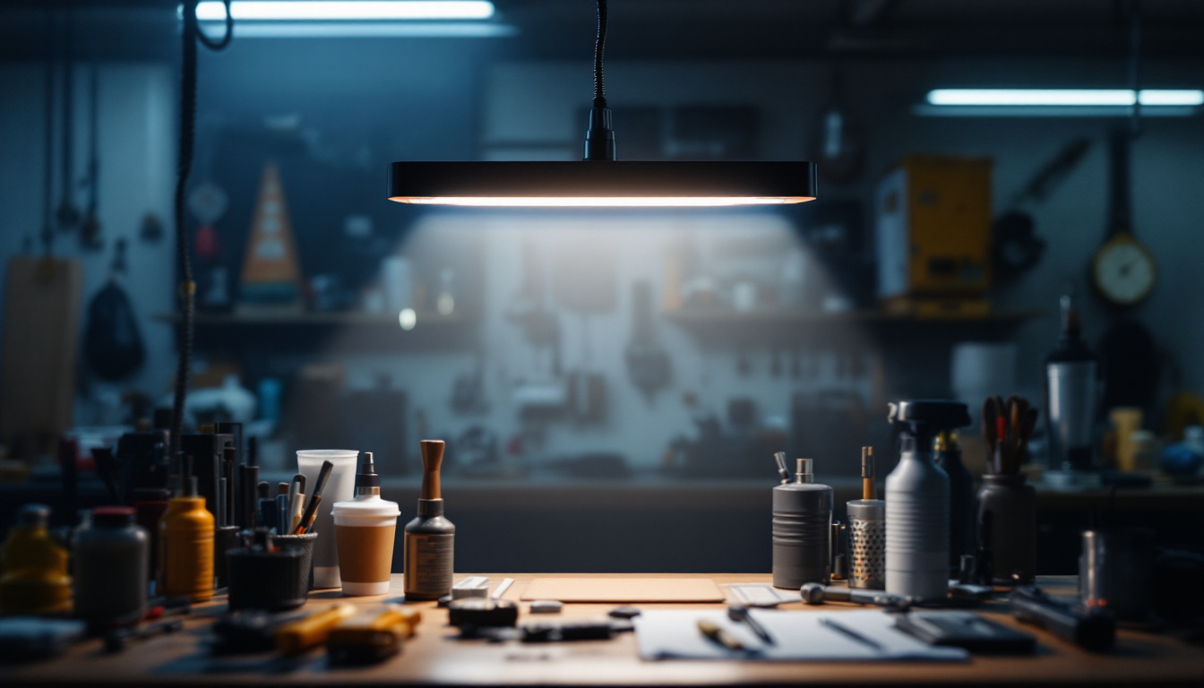 A photograph of a well-lit workshop or garage scene showcasing a sleek led shop light illuminating the workspace