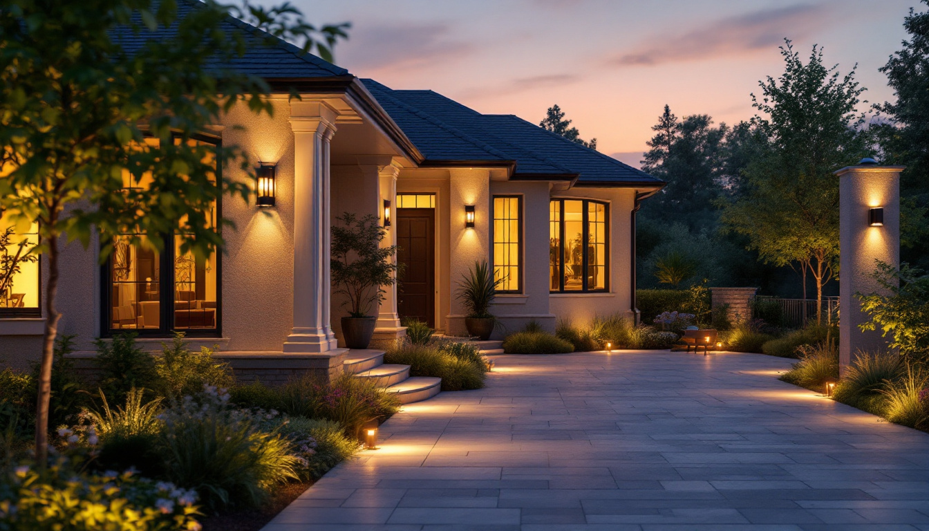 A photograph of a beautifully illuminated outdoor space featuring various styles of house lights