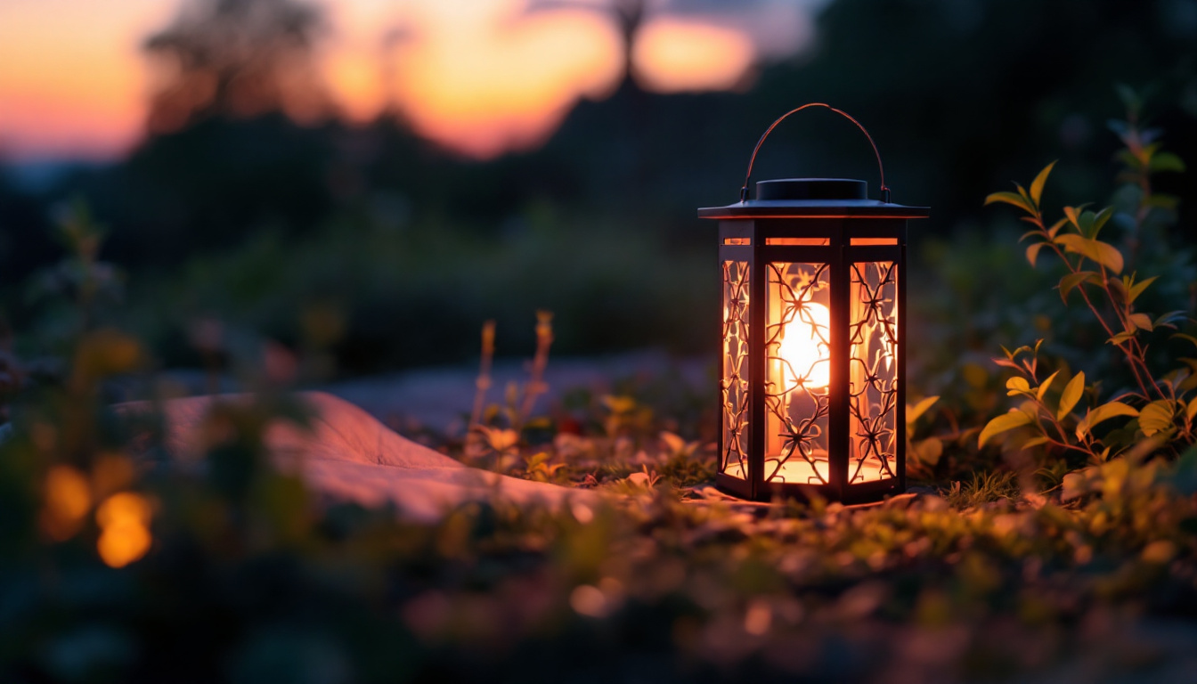 A photograph of a beautifully designed solar lantern glowing softly in a serene outdoor setting at dusk