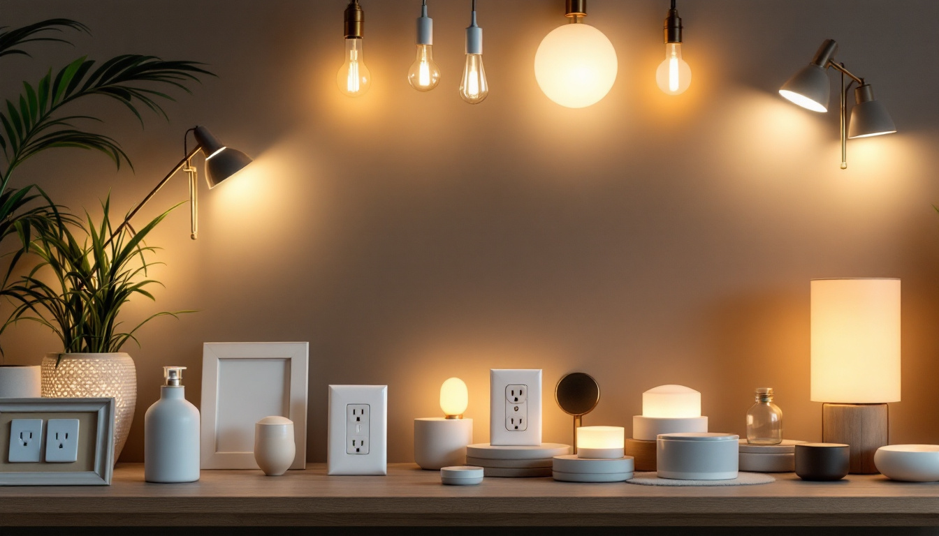 A photograph of a beautifully arranged display of various types of lighting fixtures and electrical receptacles in a well-lit setting