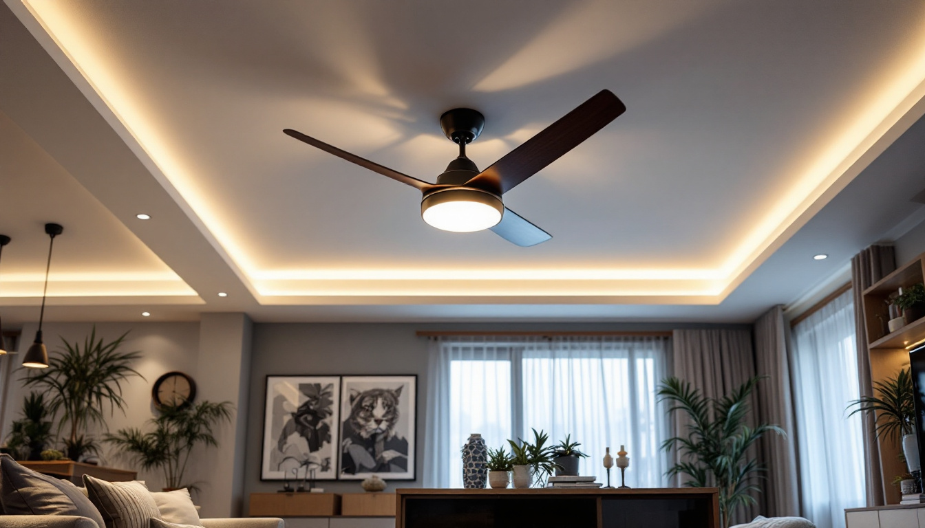 A photograph of a stylish ceiling fan with integrated lighting