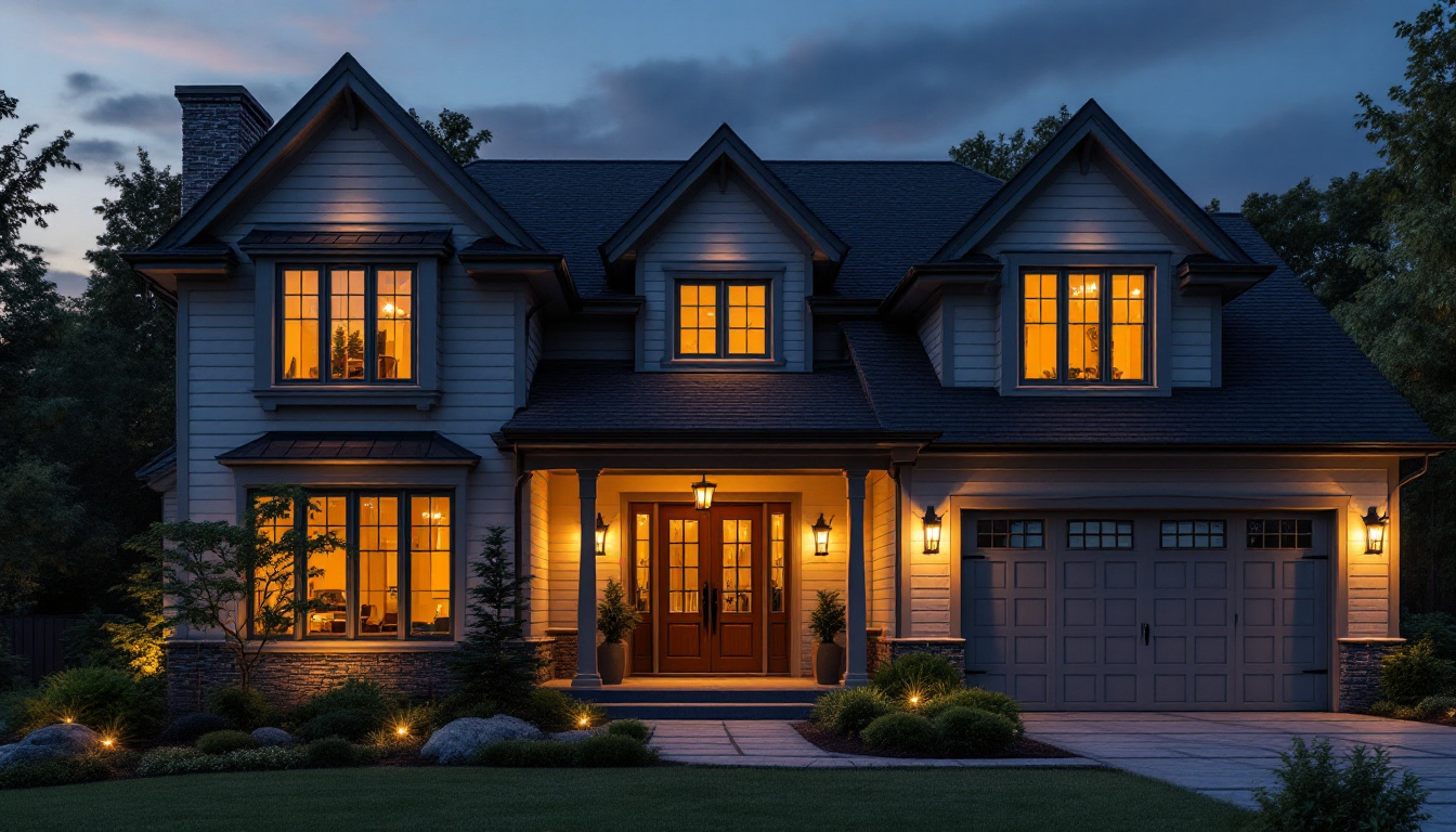 A photograph of a beautifully illuminated exterior of a house at dusk