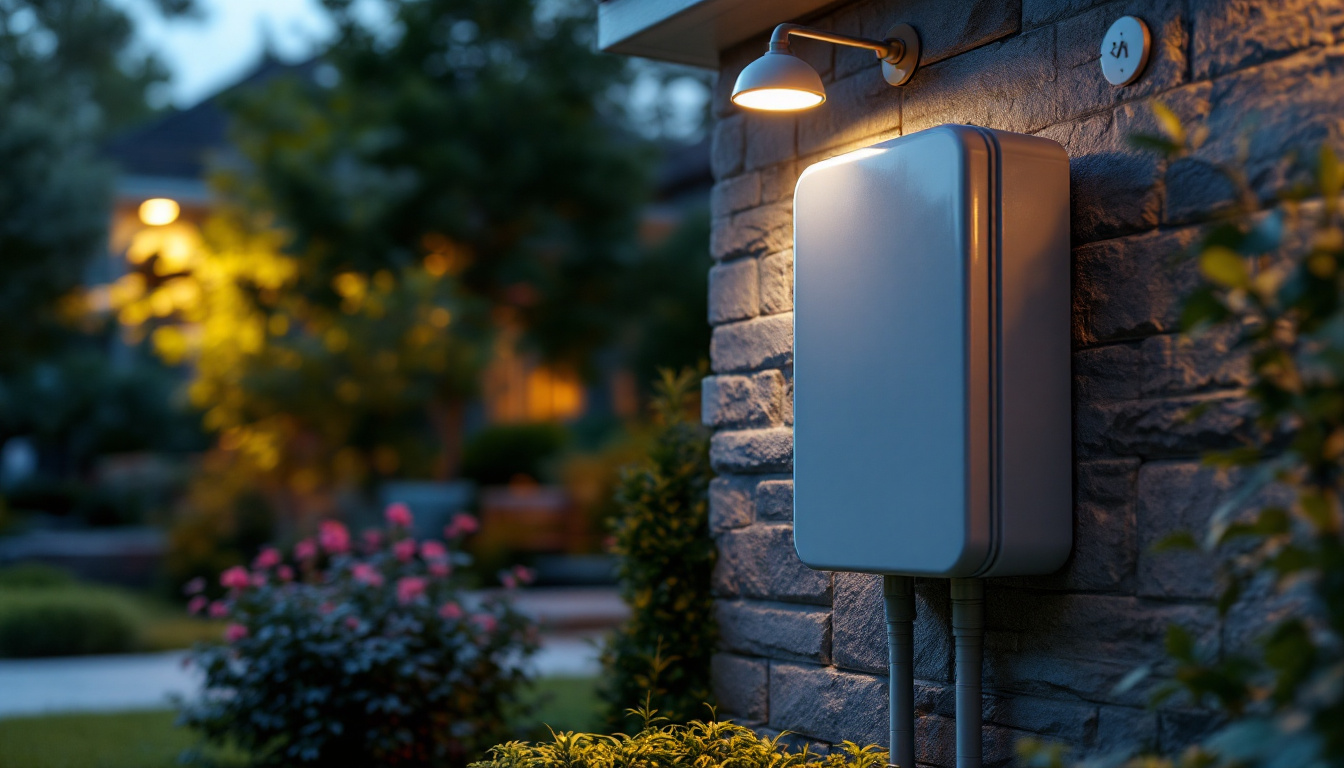 A photograph of an outdoor electrical box installed in a landscaped setting