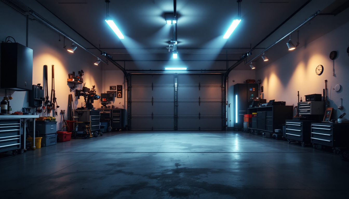 A photograph of a well-lit garage showcasing various led garage lights in use