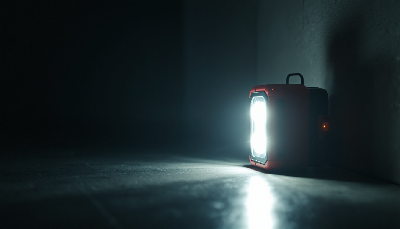 A photograph of a glowing emergency light in a dimly lit environment