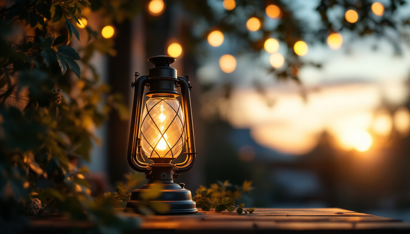 A photograph of a vintage gas lamp softly illuminating a cozy outdoor setting at dusk