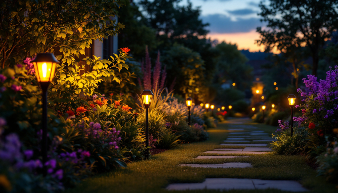 A photograph of a beautifully illuminated garden at dusk