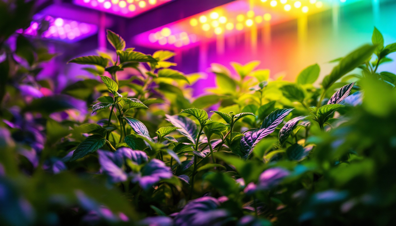 A photograph of a vibrant indoor garden illuminated by a high-quality led grow light