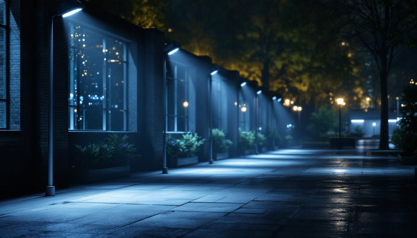 A photograph of a well-lit outdoor space featuring a variety of floodlights in use