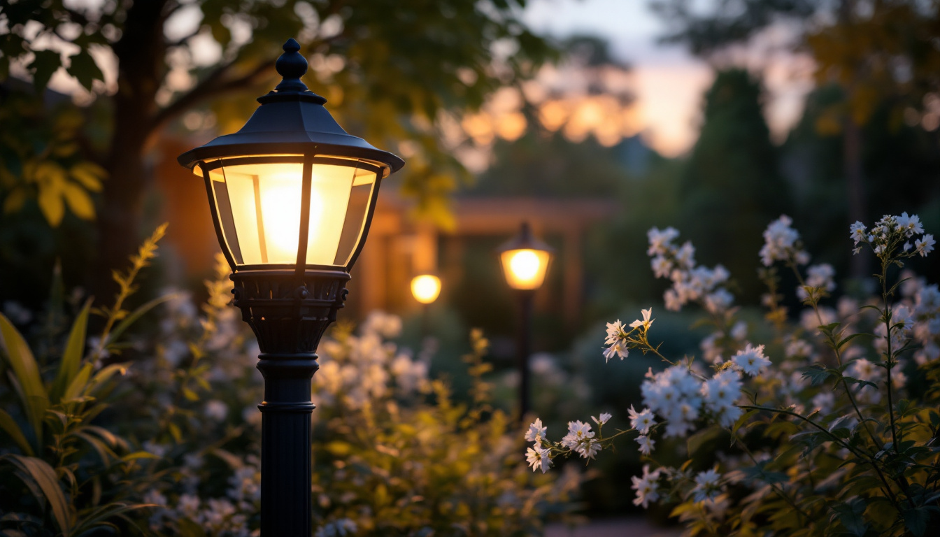 A photograph of capture a photograph of a beautifully illuminated outdoor post light in a serene garden setting during twilight