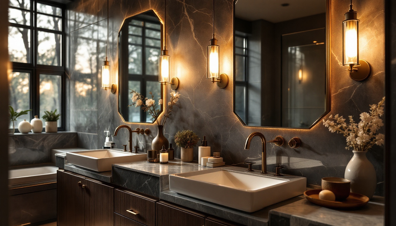 A photograph of a beautifully designed bathroom featuring elegant vanity lights that enhance the space