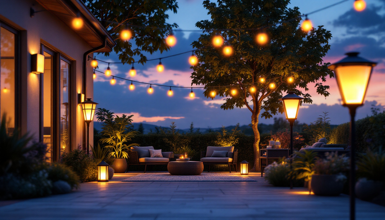 A photograph of a beautifully illuminated outdoor space featuring various styles of solar lighting fixtures
