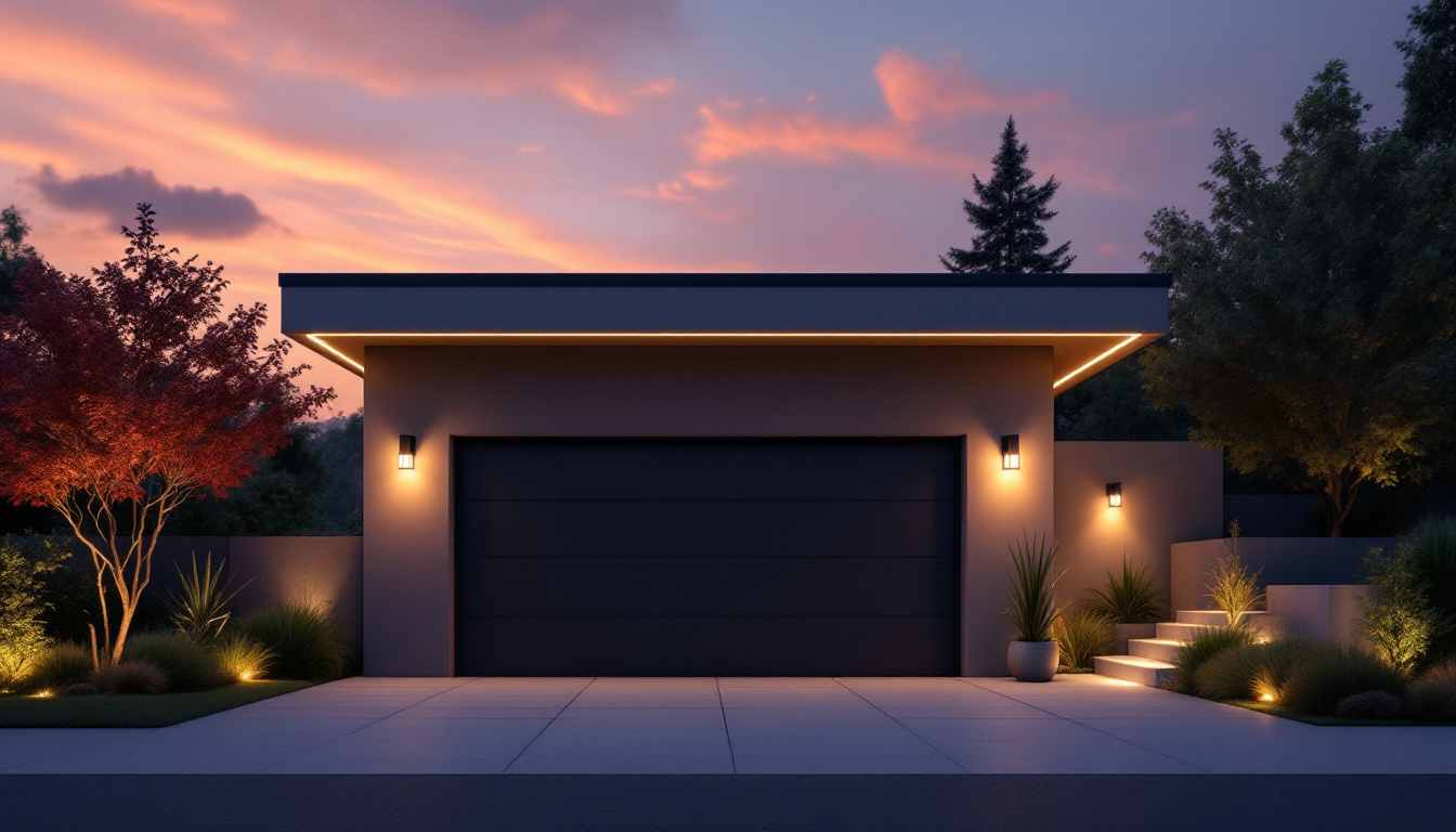 A photograph of a beautifully lit outdoor garage space at dusk