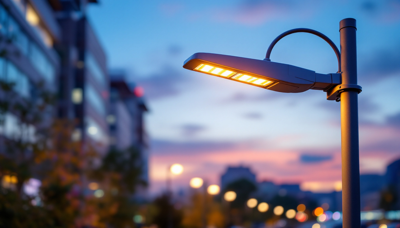 A photograph of a modern led streetlight illuminating a vibrant urban scene at dusk
