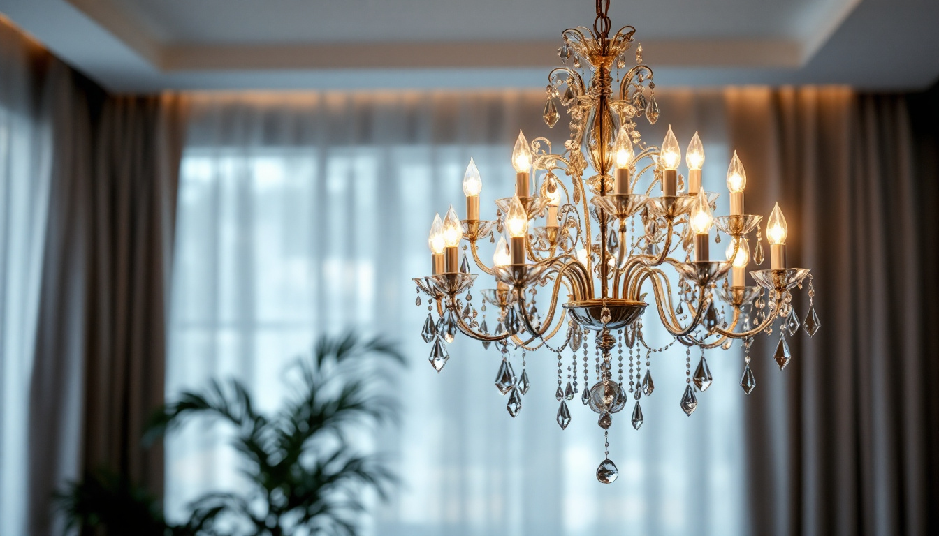 A photograph of a beautifully designed chandelier illuminated in a stylish interior setting
