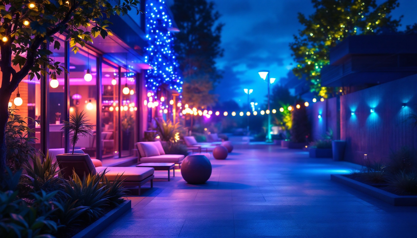 A photograph of a vibrant outdoor scene illuminated by various led flood lights at dusk