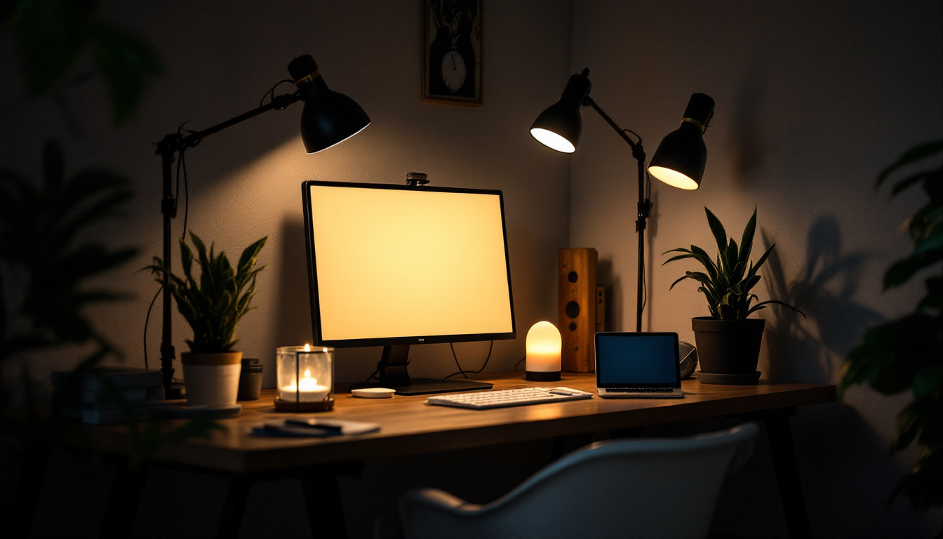 A photograph of a well-lit workspace featuring a variety of work lights in use
