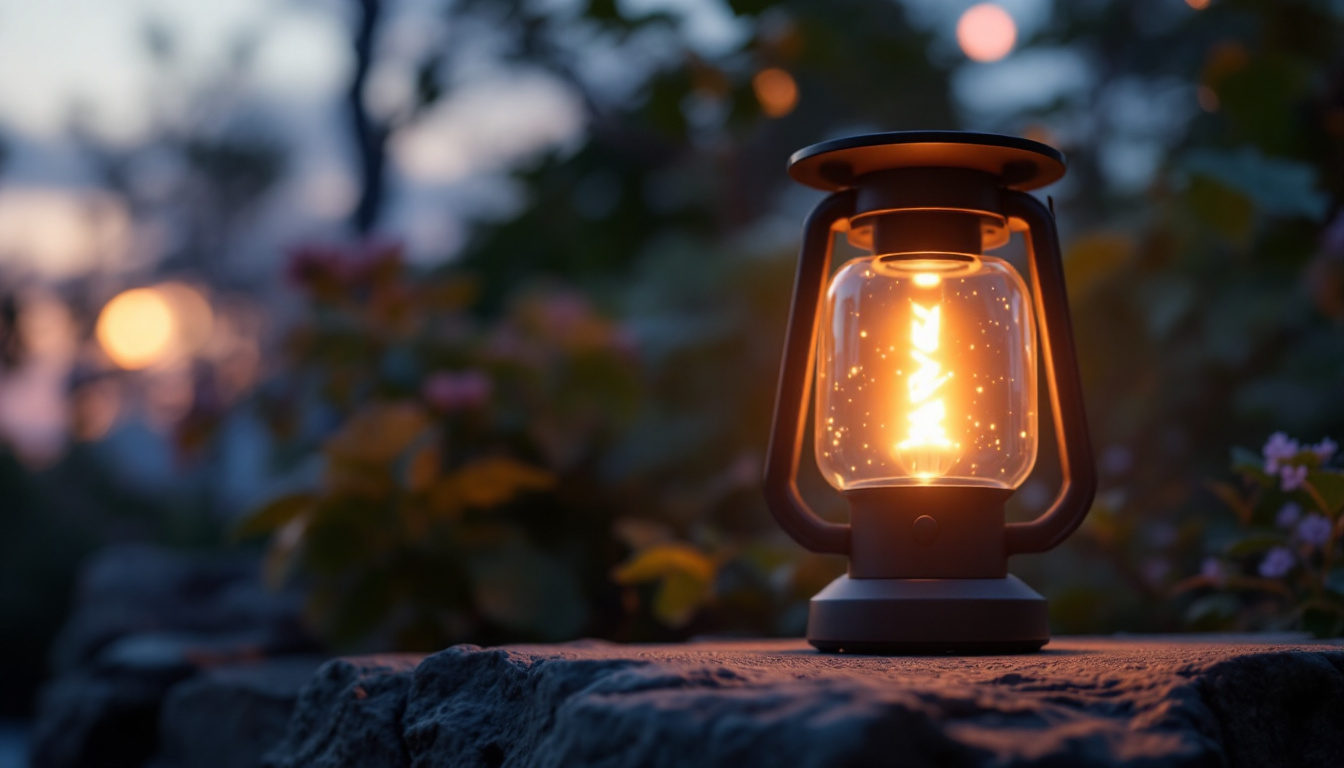 A photograph of a beautifully designed solar lantern glowing softly in a serene outdoor setting at dusk