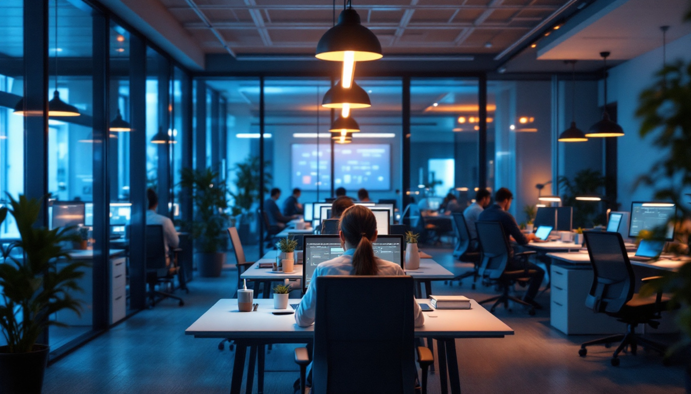 A photograph of a modern office environment where uvc light technology is visibly integrated