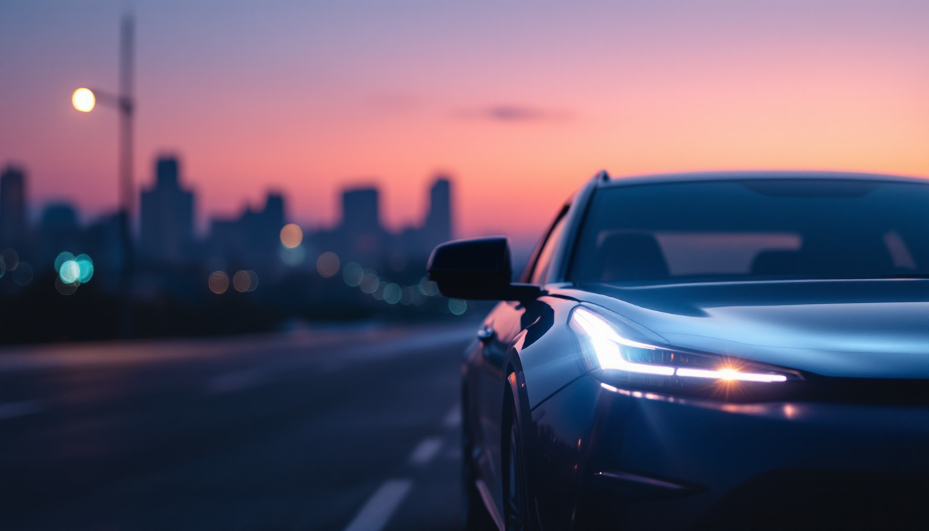 A photograph of a car parked at dusk with its parking lights illuminated