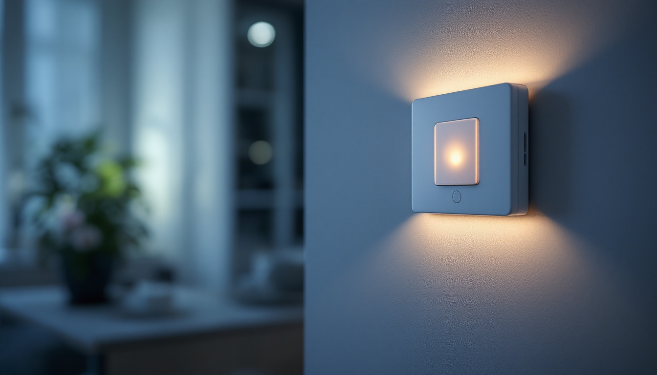 A photograph of capture a photograph of a modern motion sensor light switch installed on a wall