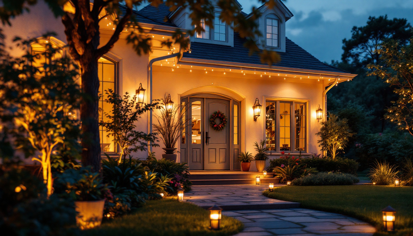 A photograph of a beautifully illuminated outdoor space featuring a variety of stylish outdoor lights adorning a house