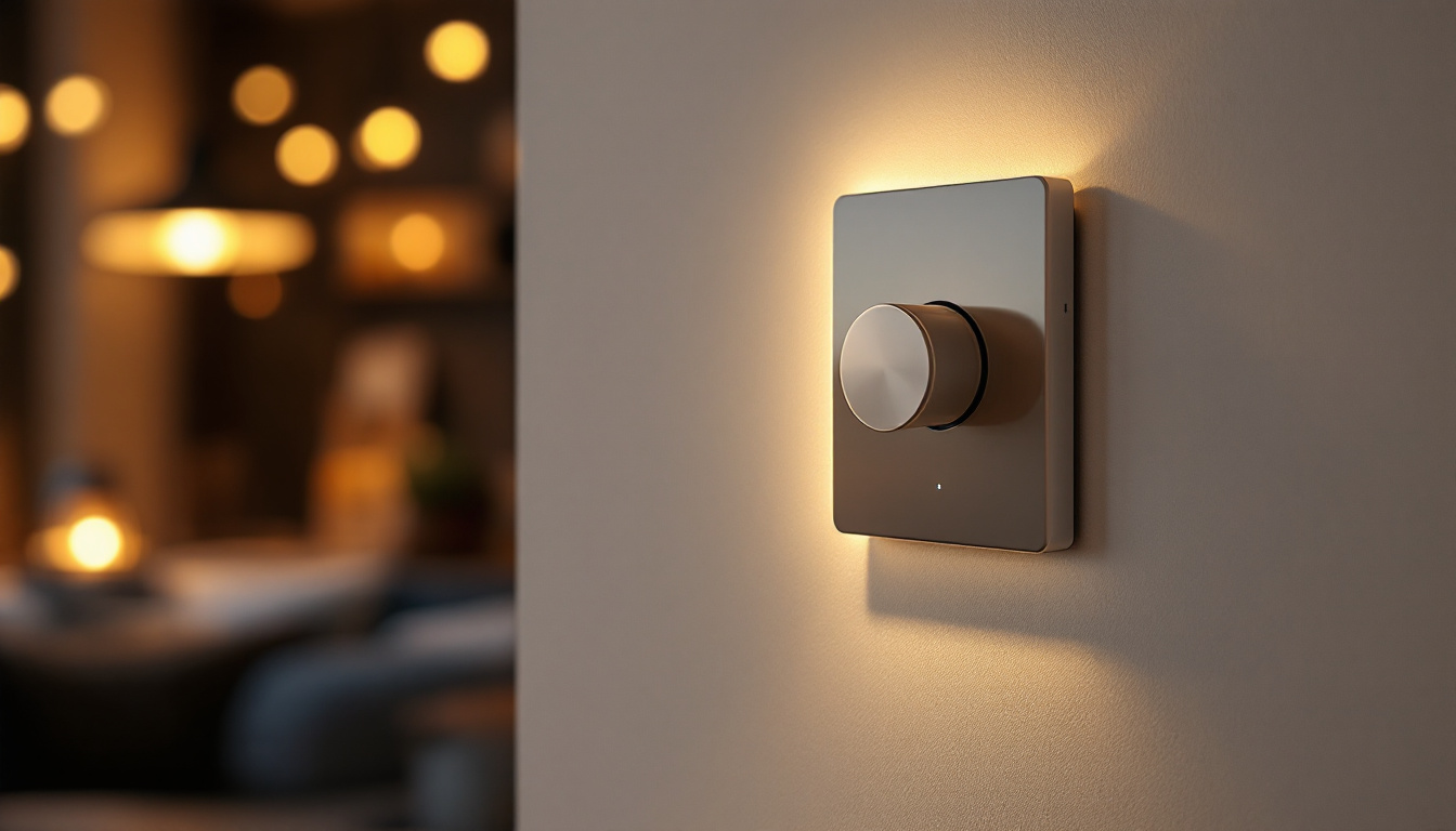 A photograph of a stylish dimmer switch installed on a wall